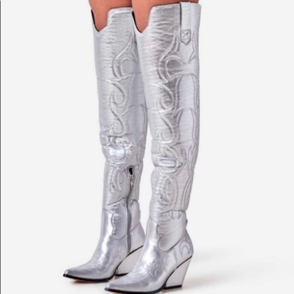 Silver Thigh High Western Boots